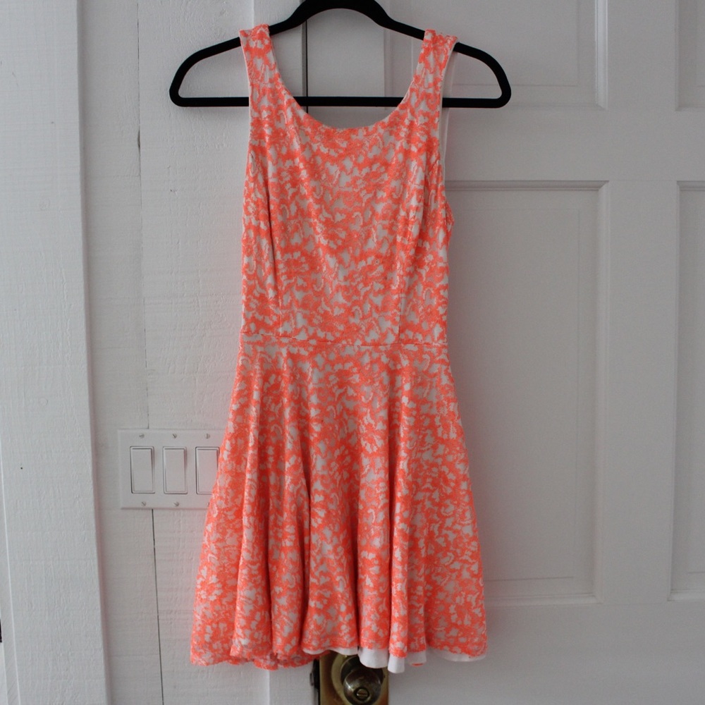 Guess coral lace overlay fit and flare dress